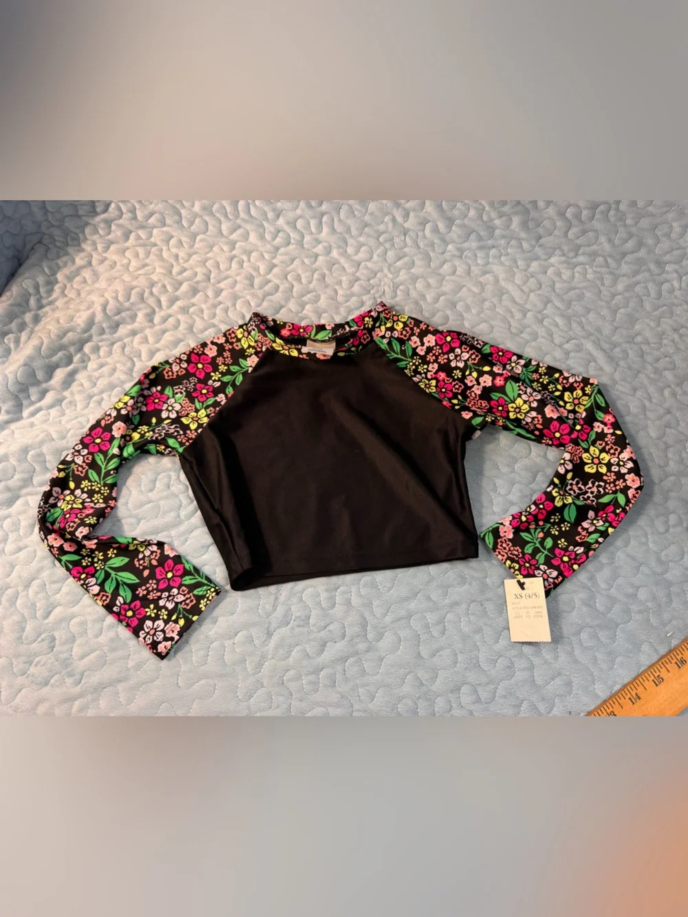 art class Black Crop Rash Guard with Pink & Green Floral Sleeves